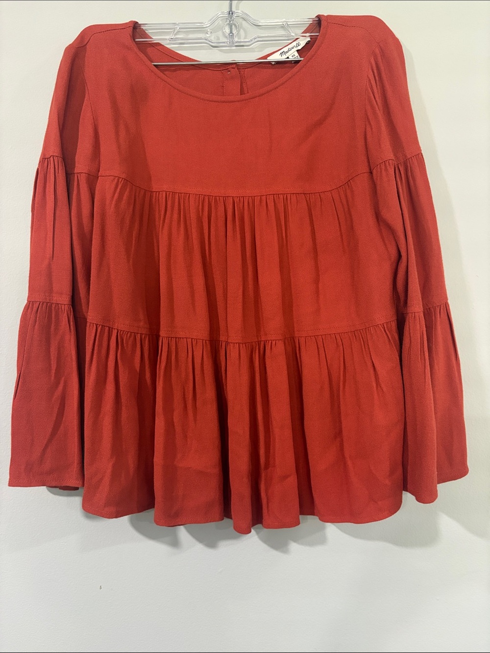 MADEWELL TIERED LONG SLEEVE FLOWY BURN ORANGE LOOSE BOHO BLOUSE SIZE / XS